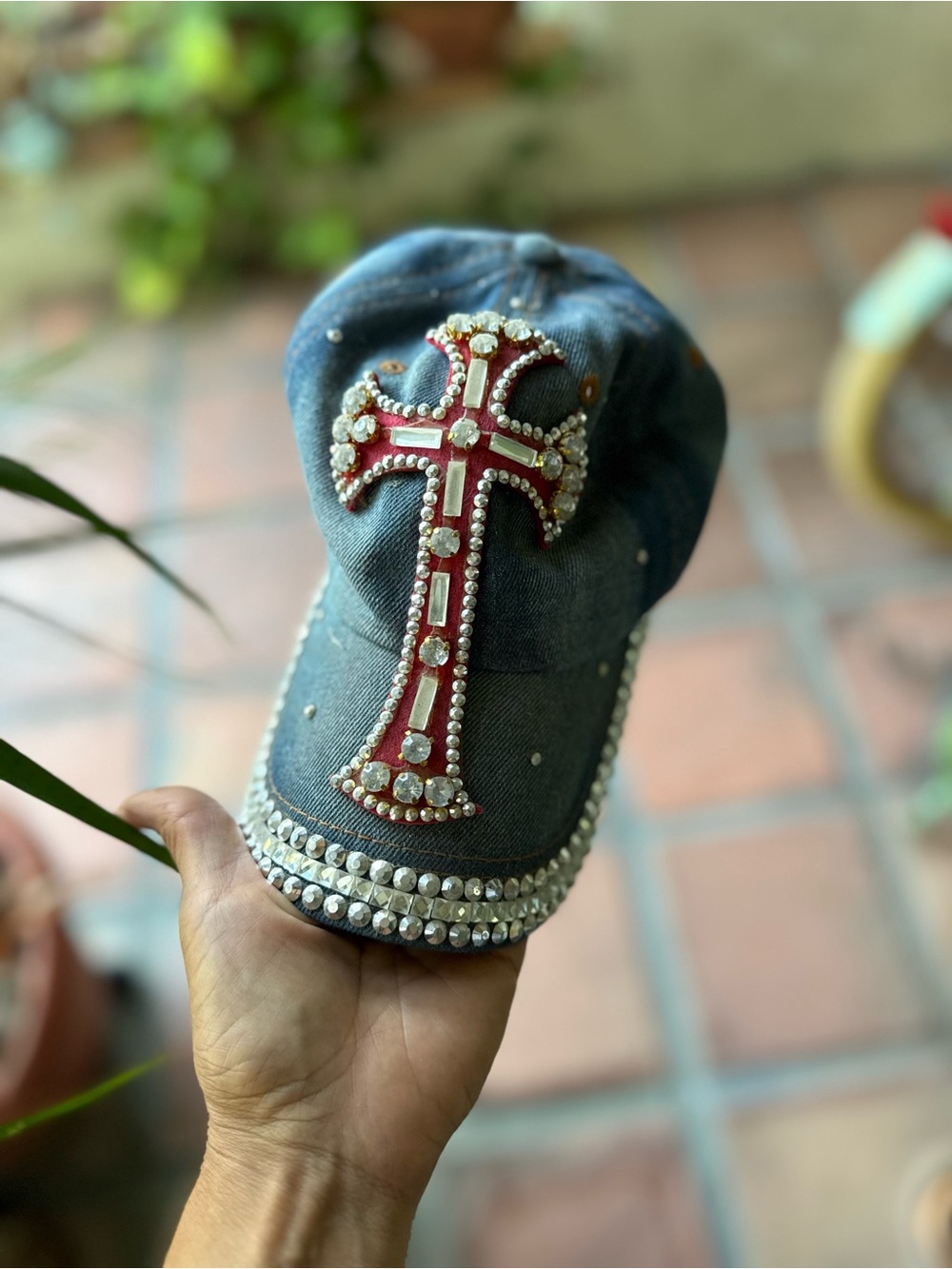 Women's Denim Baseball Cap with Red Jeweled Cross Accent